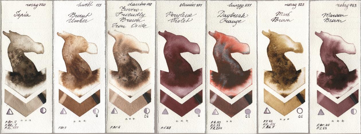 Rosa Gallery 720 Sepia, Holbein Artists Watercolor 133 Burnt Umber, Daniel Smith 178 Enviro-Friendly Brown Iron Oxide, Shminke Horadam Aquarell 371 Perylene Violet, 551 Daybreak Orange, 723 Mars Brown, 763 Maroon Bro watercolor swatch