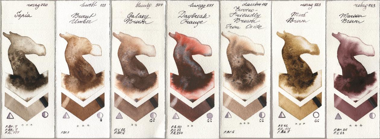 Rosa Gallery 720 Sepia, Holbein Artists Watercolor 133 Burnt Umber, Shminke Horadam Aquarell 974 Galaxy Brown, 551 Daybreak Orange, Daniel Smith 178 Enviro-Friendly Brown Iron Oxide, 723 Mars Brown, 763 Maroon Bro watercolor swatch