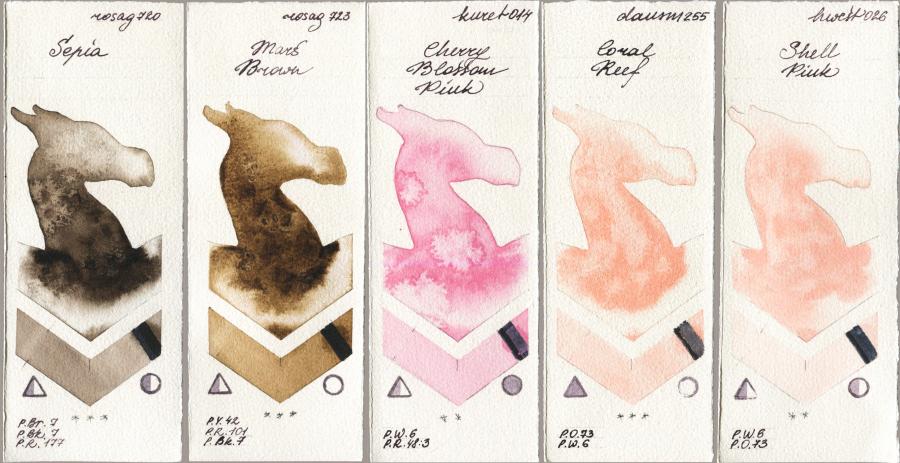 Rosa Gallery 720 Sepia vs 723 Mars Brown vs Kuretake Gansai Tambi 014 Cherry Blossom Pink vs Daniel Smith 255 Coral Reef vs Holbein Artists Watercolor 026 Shell Pink watercolor swatch