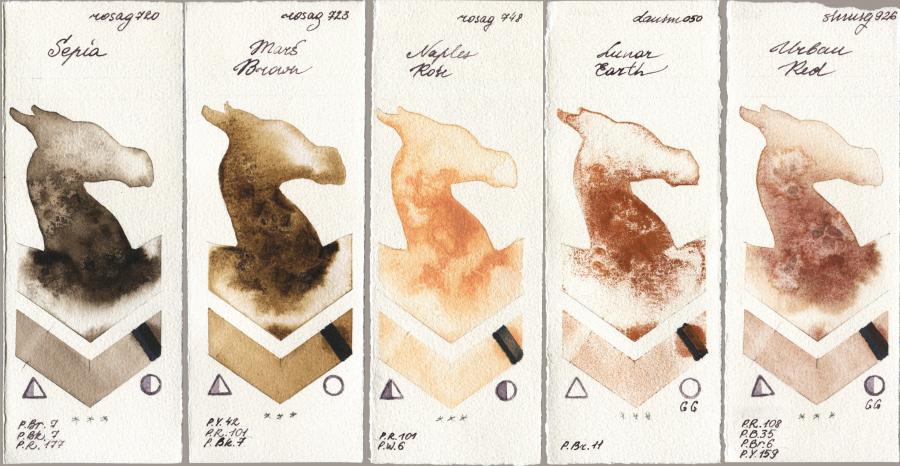 Rosa Gallery 720 Sepia vs 723 Mars Brown vs 748 Naples Rose vs Daniel Smith 050 Lunar Earth vs Shminke Horadam Aquarell 926 Urban Red watercolor swatch