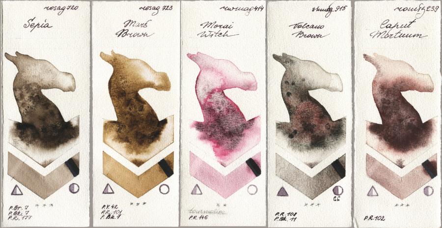 Rosa Gallery 720 Sepia vs 723 Mars Brown vs Rockwell 414 Morai Witch vs Shminke Horadam Aquarell 915 Volcano Brown vs Roman Szmal Aquarius 239 Caput Mortuum watercolor swatch