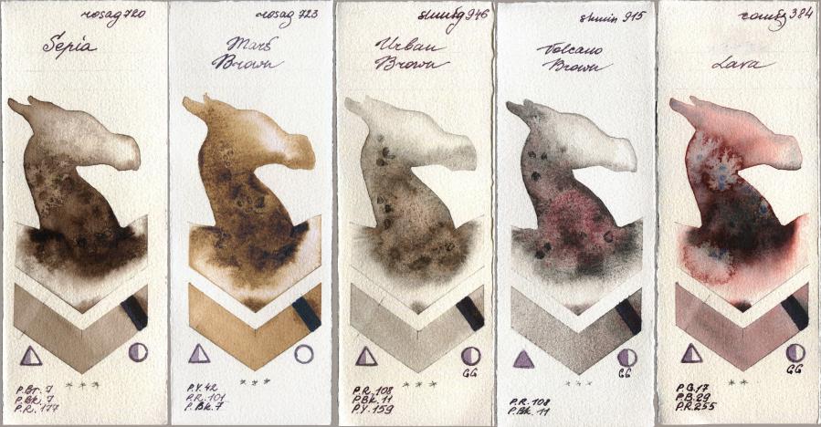 Rosa Gallery 720 Sepia vs 723 Mars Brown vs Shminke Horadam Aquarell 946 Urban Brown vs 915 Volcano Brown vs Roman Szmal Aquarius 384 Lava watercolor swatch