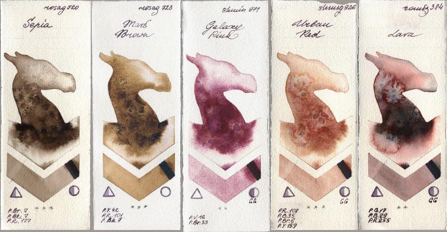 Rosa Gallery 720 Sepia vs 723 Mars Brown vs Shminke Horadam Aquarell 971 Galaxy Pink vs 926 Urban Red vs Roman Szmal Aquarius 384 Lava watercolor swatch