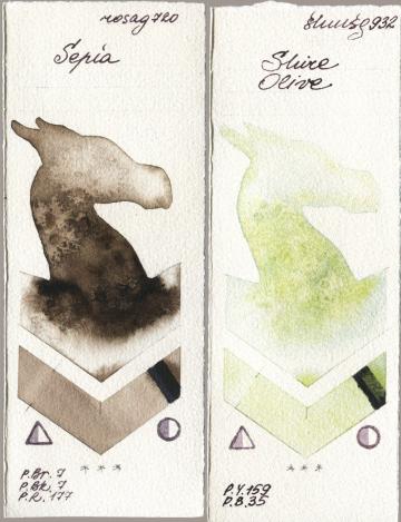 Rosa Gallery 720 Sepia vs Shminke Horadam Aquarell 932 Shire Olive watercolor swatch