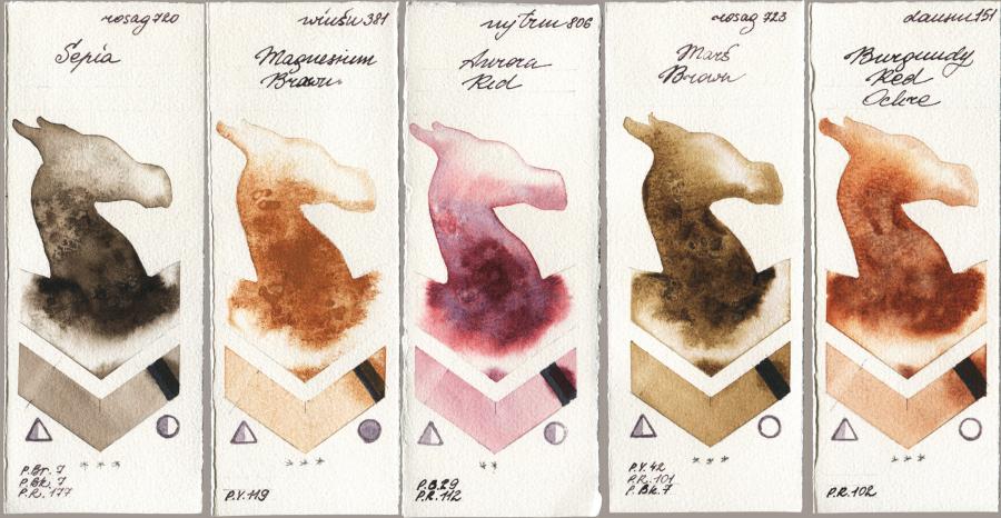 Rosa Gallery 720 Sepia vs Winsor & Newton Professional 381 Magnesuim Brown vs Mijello Mission Gold 806 Aurora Red vs 723 Mars Brown vs Daniel Smith 151 Burgundy Red Ochre watercolor swatch