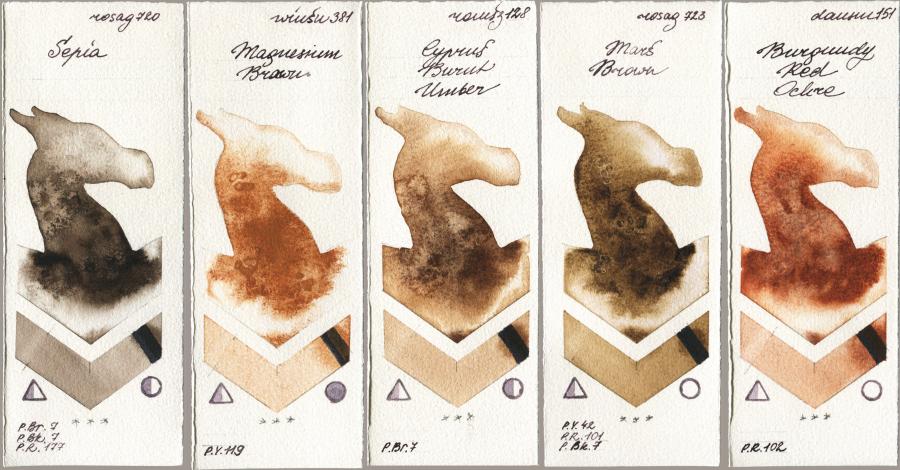 Rosa Gallery 720 Sepia vs Winsor & Newton Professional 381 Magnesuim Brown vs Roman Szmal Aquarius 128 Cyprus Burnt Umber vs 723 Mars Brown vs Daniel Smith 151 Burgundy Red Ochre watercolor swatch