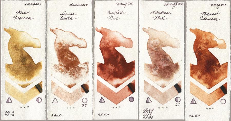 Rosa Gallery 721 Raw Sienna vs Daniel Smith 050 Lunar Earth vs 736 English Red vs Shminke Horadam Aquarell 926 Urban Red vs 733 Burnt Sienna watercolor swatch