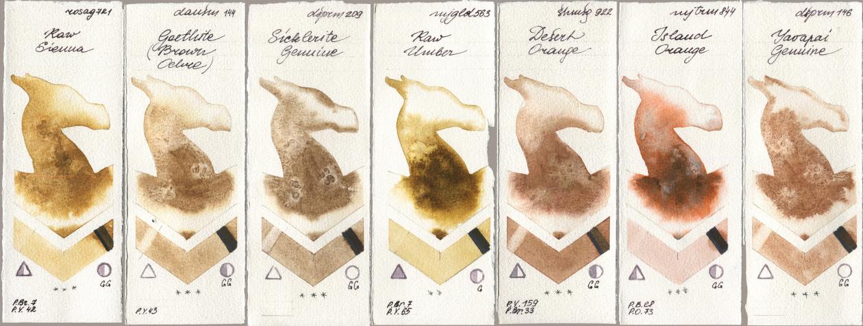 Rosa Gallery 721 Raw Sienna, Daniel Smith 144 Goethite (Brown Ochre), 209 Sicklerite Genuine, Mijello Mission Gold 563 Raw Umber, Shminke Horadam Aquarell 922 Desert Orange, 844 Island Orange, 146 Yavapai Genui watercolor swatch