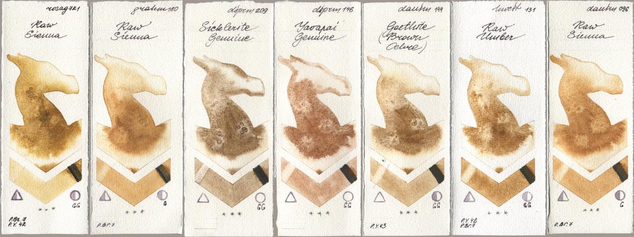 Rosa Gallery 721 Raw Sienna, M. Graham & Co. Artists 160 Raw Sienna, Daniel Smith 209 Sicklerite Genuine, 146 Yavapai Genuine, 144 Goethite (Brown Ochre), Holbein Artists Watercolor 131 Raw Umber, 096 Raw Sien watercolor swatch