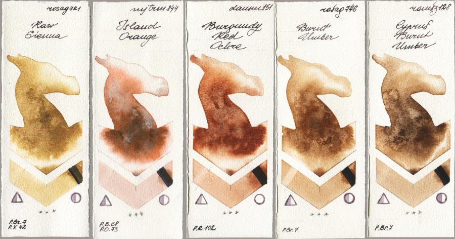 Rosa Gallery 721 Raw Sienna vs Mijello Mission Gold 844 Island Orange vs Daniel Smith 151 Burgundy Red Ochre vs 746 Burnt Umber vs Roman Szmal Aquarius 128 Cyprus Burnt Umber watercolor swatch