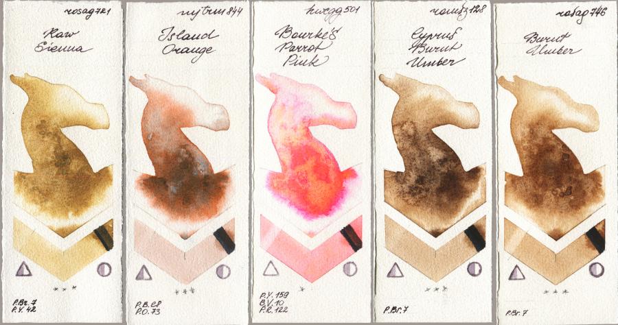 Rosa Gallery 721 Raw Sienna vs Mijello Mission Gold 844 Island Orange vs Holbein Artists Watercolor 501 Bourkes Parrot Pink vs Roman Szmal Aquarius 128 Cyprus Burnt Umber vs 746 Burnt Umber watercolor swatch