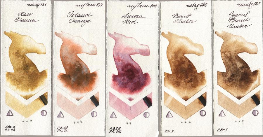 Rosa Gallery 721 Raw Sienna vs Mijello Mission Gold 844 Island Orange vs 806 Aurora Red vs 746 Burnt Umber vs Roman Szmal Aquarius 128 Cyprus Burnt Umber watercolor swatch