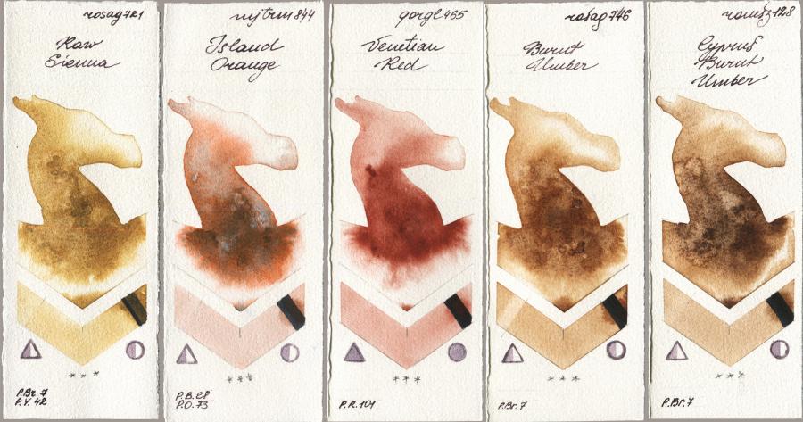 Rosa Gallery 721 Raw Sienna vs Mijello Mission Gold 844 Island Orange vs Golden QOR 465 Venetian Red vs 746 Burnt Umber vs Roman Szmal Aquarius 128 Cyprus Burnt Umber watercolor swatch