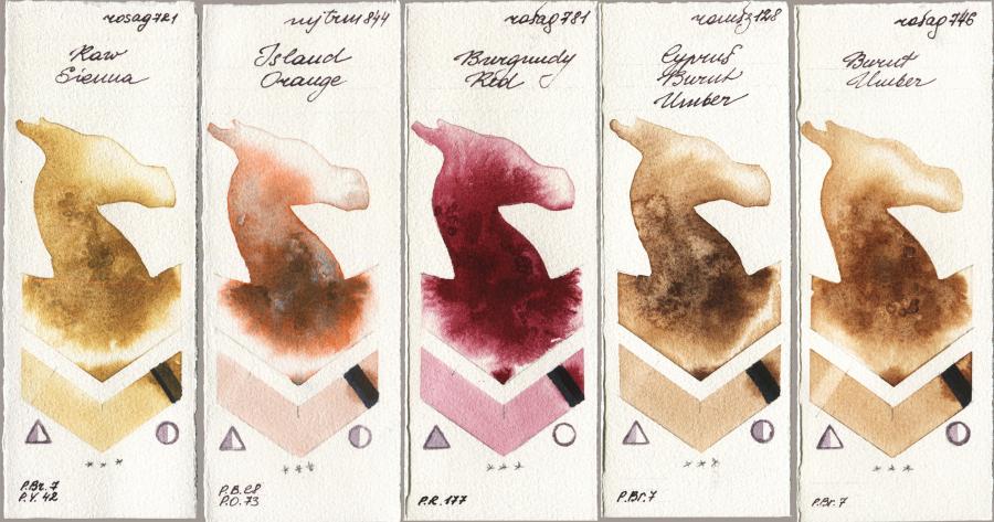 Rosa Gallery 721 Raw Sienna vs Mijello Mission Gold 844 Island Orange vs 781 Burgundy Red vs Roman Szmal Aquarius 128 Cyprus Burnt Umber vs 746 Burnt Umber watercolor swatch