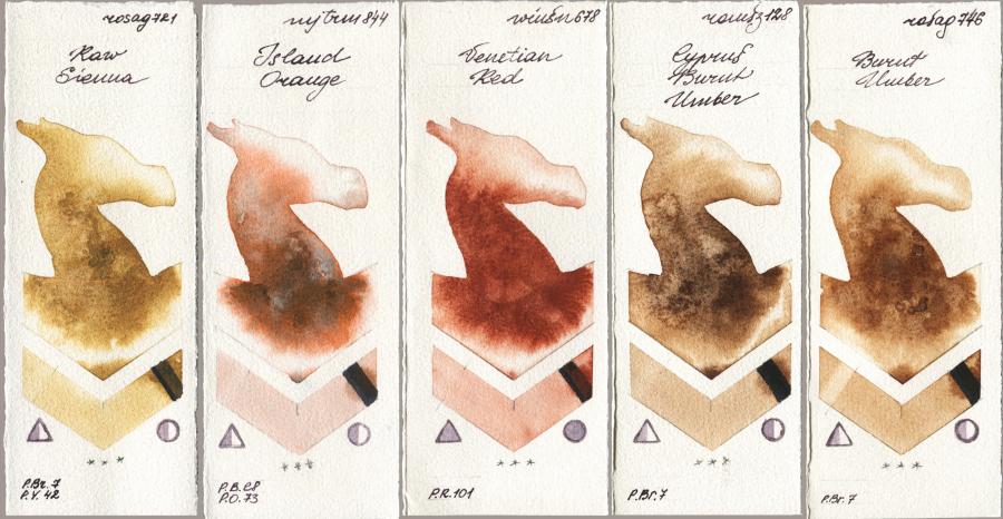 Rosa Gallery 721 Raw Sienna vs Mijello Mission Gold 844 Island Orange vs Winsor & Newton Professional 678 Venetian Red vs Roman Szmal Aquarius 128 Cyprus Burnt Umber vs 746 Burnt Umber watercolor swatch