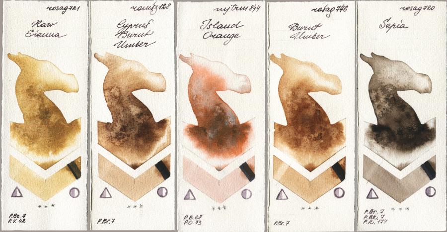 Rosa Gallery 721 Raw Sienna vs Roman Szmal Aquarius 128 Cyprus Burnt Umber vs Mijello Mission Gold 844 Island Orange vs 746 Burnt Umber vs 720 Sepia watercolor swatch