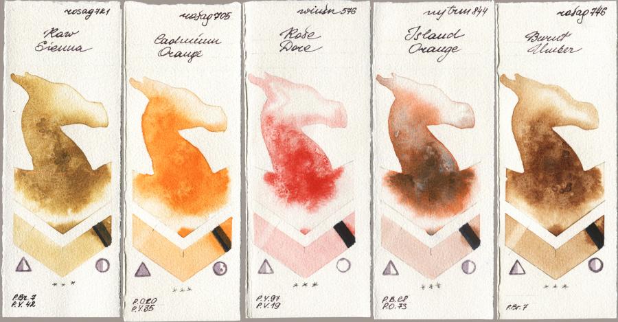 Rosa Gallery 721 Raw Sienna vs 705 Cadmium Orange vs Winsor & Newton Professional 576 Rose Dore vs Mijello Mission Gold 844 Island Orange vs 746 Burnt Umber watercolor swatch