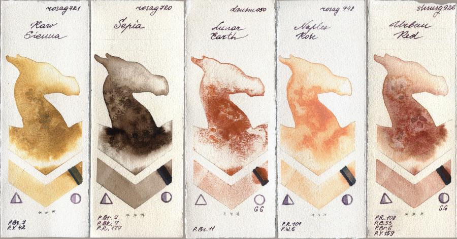Rosa Gallery 721 Raw Sienna vs 720 Sepia vs Daniel Smith 050 Lunar Earth vs 748 Naples Rose vs Shminke Horadam Aquarell 926 Urban Red watercolor swatch
