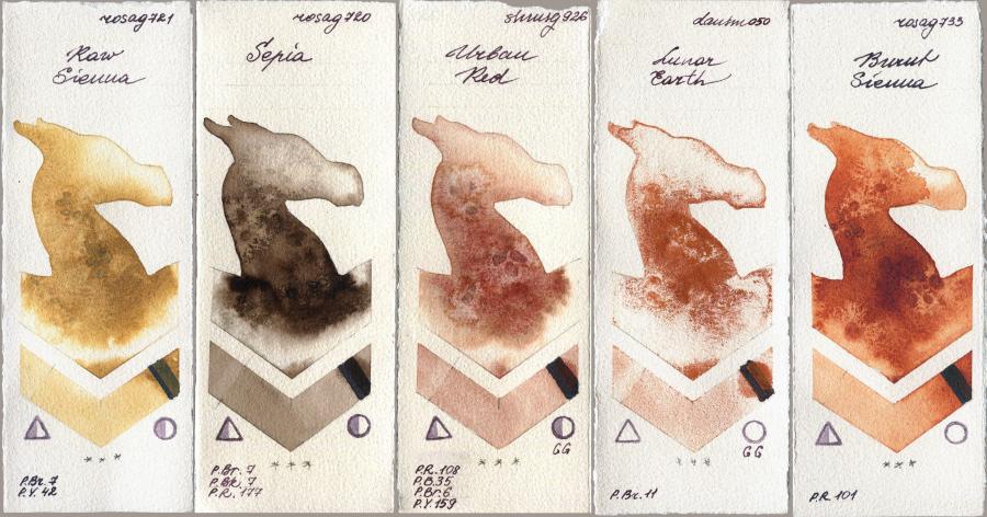 Rosa Gallery 721 Raw Sienna vs 720 Sepia vs Shminke Horadam Aquarell 926 Urban Red vs Daniel Smith 050 Lunar Earth vs 733 Burnt Sienna watercolor swatch