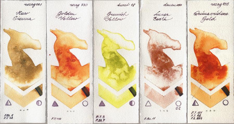 Rosa Gallery 721 Raw Sienna vs 730 Golden Yellow vs Kuretake Gansai Tambi 48 Greenish Yellow vs Daniel Smith 050 Lunar Earth vs 735 Quinacridone Gold watercolor swatch