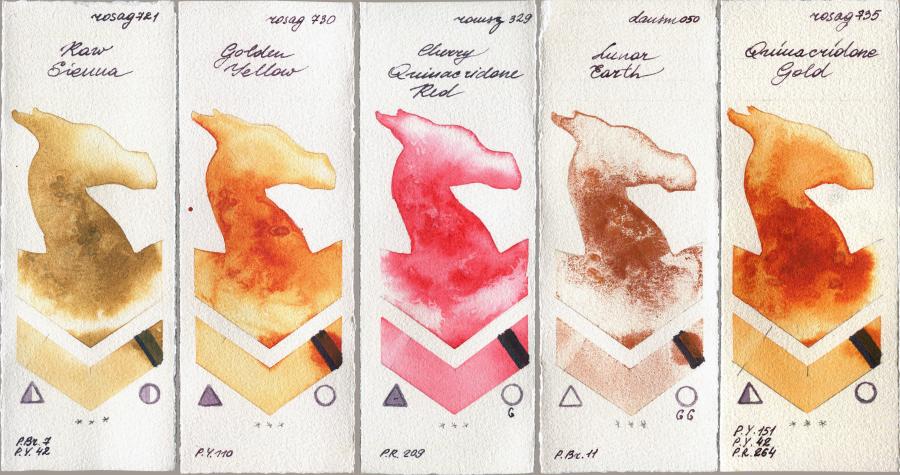 Rosa Gallery 721 Raw Sienna vs 730 Golden Yellow vs Roman Szmal Aquarius 329 Cherry Quinacridone Red vs Daniel Smith 050 Lunar Earth vs 735 Quinacridone Gold watercolor swatch