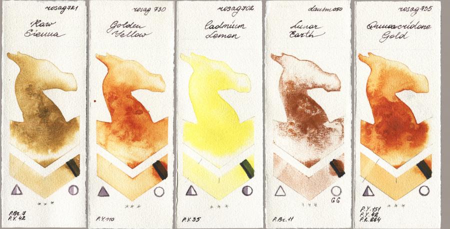 Rosa Gallery 721 Raw Sienna vs 730 Golden Yellow vs 702 Cadmium Lemon vs Daniel Smith 050 Lunar Earth vs 735 Quinacridone Gold watercolor swatch