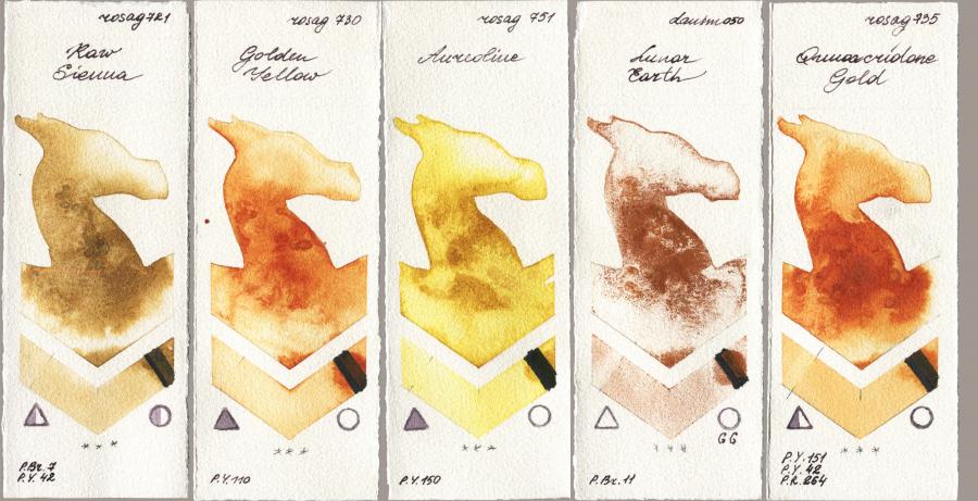 Rosa Gallery 721 Raw Sienna vs 730 Golden Yellow vs 751 Aureoline vs Daniel Smith 050 Lunar Earth vs 735 Quinacridone Gold watercolor swatch
