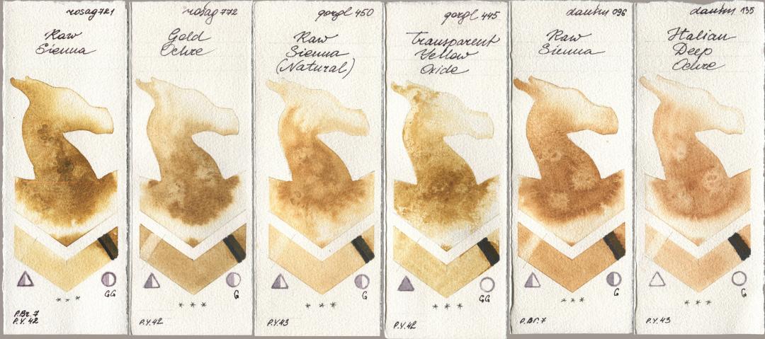 Rosa Gallery 721 Raw Sienna, 772 Gold Ochre, Golden QOR 450 Raw Sienna (Natural), 445 Transparent Yellow Oxide, Daniel Smith 096 Raw Sienna, 135 Italian Deep Och watercolor swatch