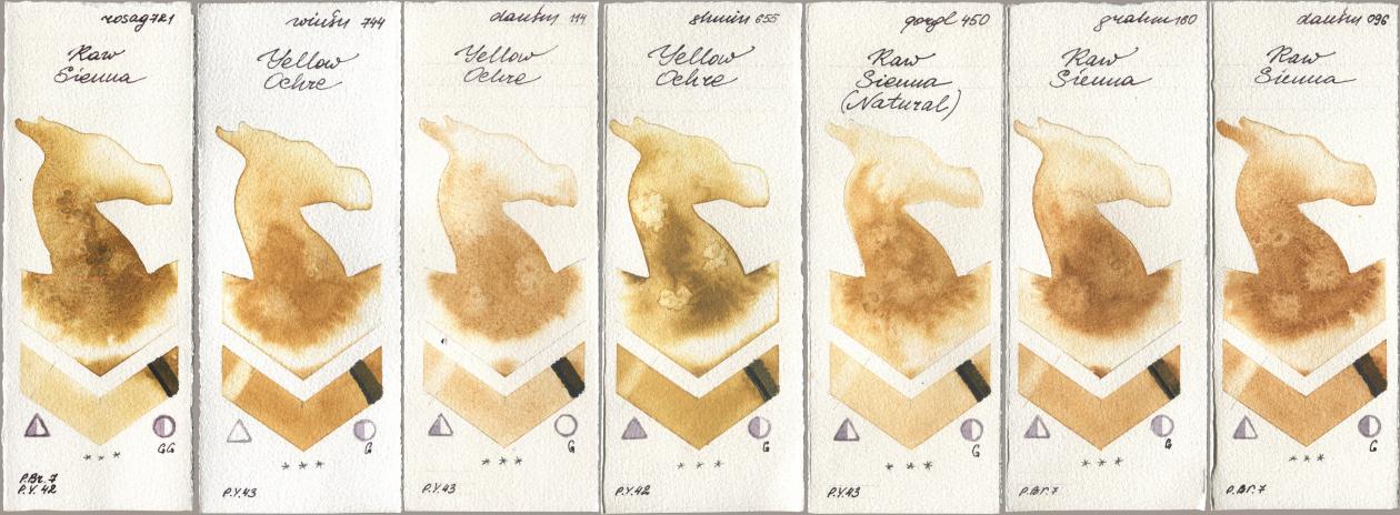 Rosa Gallery 721 Raw Sienna, Winsor & Newton Professional 744 Yellow Ochre, Daniel Smith 114 Yellow Ochre, Shminke Horadam Aquarell 655 Yellow Ochre, Golden QOR 450 Raw Sienna (Natural), M. Graham & Co. Artists 160 Raw Sienna, 096 Raw Sien watercolor swatch