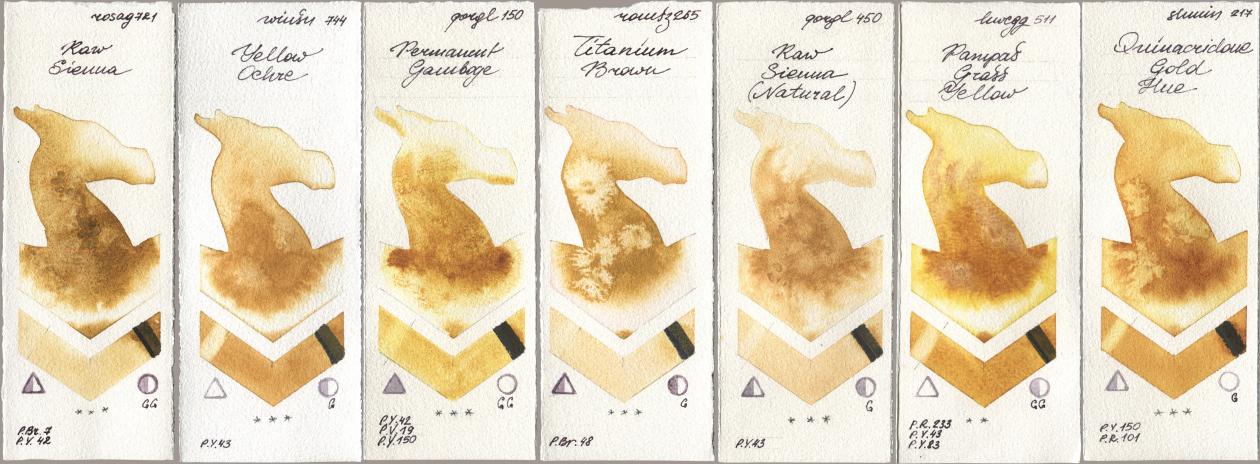 Rosa Gallery 721 Raw Sienna, Winsor & Newton Professional 744 Yellow Ochre, Golden QOR 150 Permanent Gamboge, Roman Szmal Aquarius 265 Titanium Brown, 450 Raw Sienna (Natural), Holbein Artists Watercolor 511 Pampas Grass Yellow, Shminke Horadam Aquarell 217 Quinacridone Gold H watercolor swatch