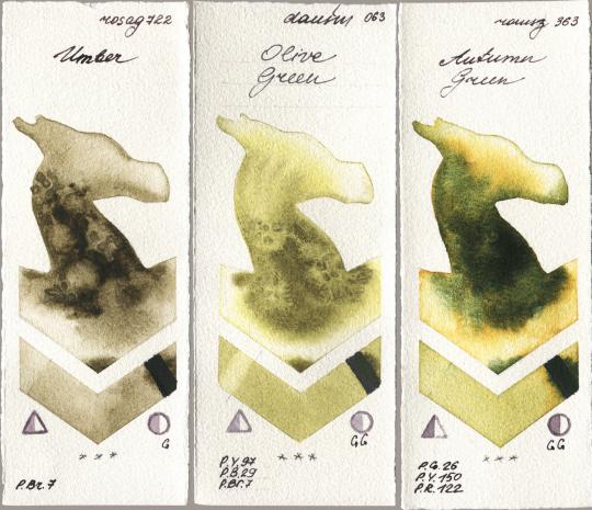 Rosa Gallery 722 Umber, Daniel Smith 063 Olive Green, Roman Szmal Aquarius 363 Autumn Gre watercolor swatch