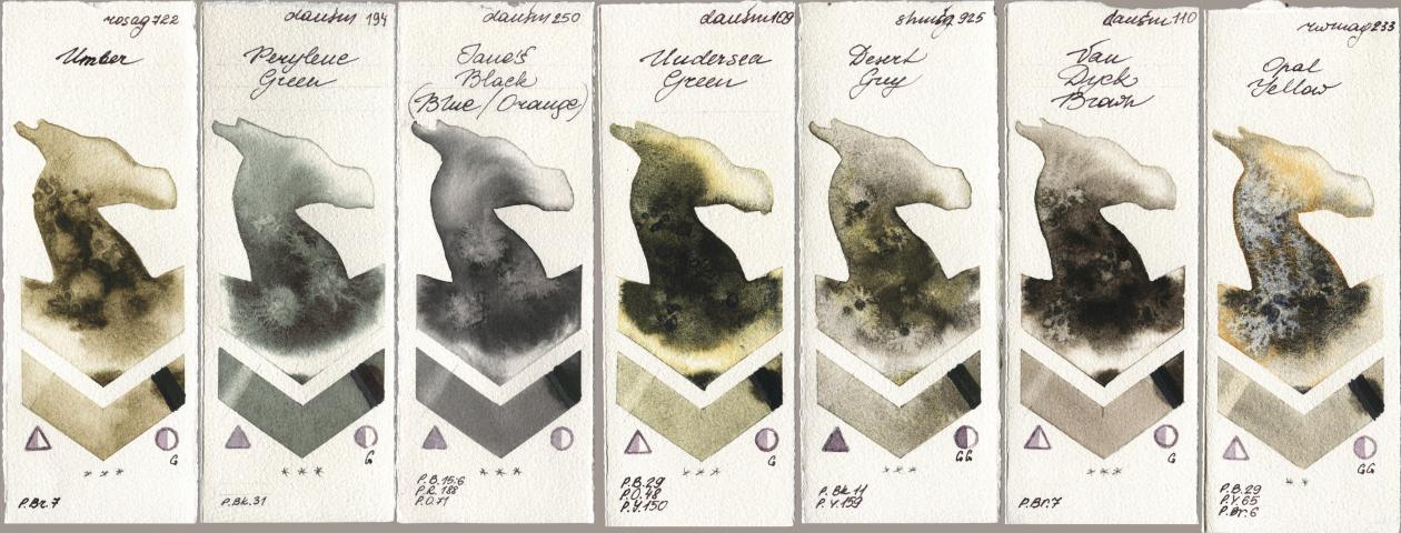 Rosa Gallery 722 Umber, Daniel Smith 194 Perylene Green, 250 Janes Black (Blue/Orange), 109 Undersea Green, Shminke Horadam Aquarell 925 Desert Grey, 110 Van Dyck Brown, Rockwell 233 Opal Yell watercolor swatch