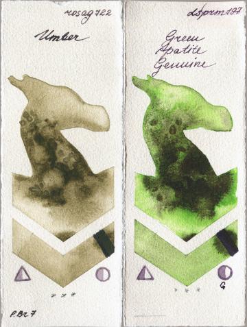 Rosa Gallery 722 Umber vs Daniel Smith 197 Green Apatite Genuine watercolor swatch