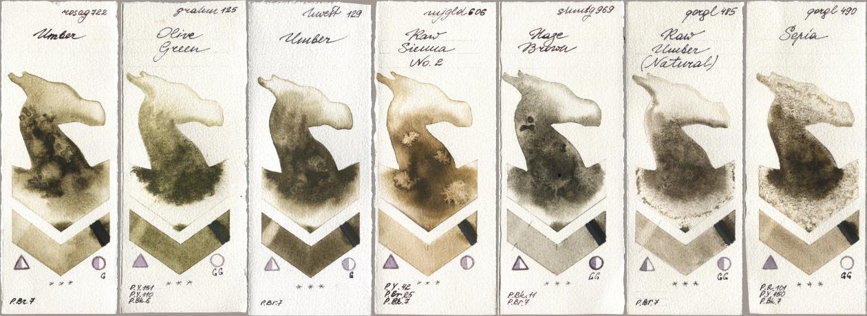 Rosa Gallery 722 Umber, M. Graham & Co. Artists 125 Olive Green, Holbein Artists Watercolor 129 Umber, Mijello Mission Gold 606 Raw Sienna No 2, Shminke Horadam Aquarell 969 Haze Brown, Golden QOR 485 Raw Umber (Natural), 490 Sep watercolor swatch