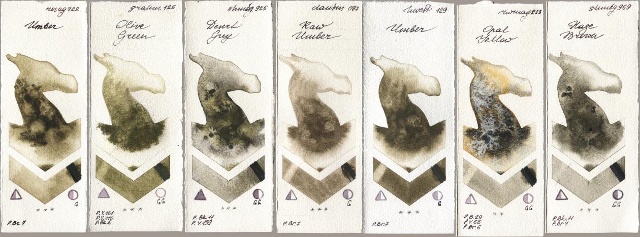 Rosa Gallery 722 Umber, M. Graham & Co. Artists 125 Olive Green, Shminke Horadam Aquarell 925 Desert Grey, Daniel Smith 097 Raw Umber, Holbein Artists Watercolor 129 Umber, Rockwell 233 Opal Yellow, 969 Haze Bro watercolor swatch