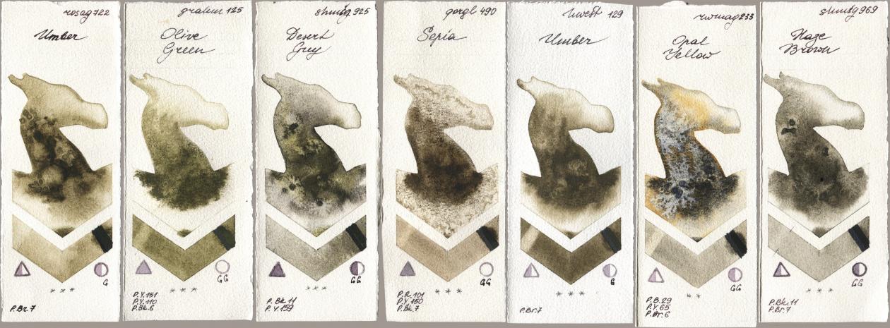 Rosa Gallery 722 Umber, M. Graham & Co. Artists 125 Olive Green, Shminke Horadam Aquarell 925 Desert Grey, Golden QOR 490 Sepia, Holbein Artists Watercolor 129 Umber, Rockwell 233 Opal Yellow, 969 Haze Bro watercolor swatch