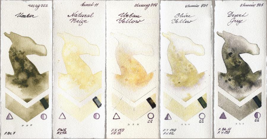 Rosa Gallery 722 Umber vs Kuretake Gansai Tambi 11 Natural Beige vs Shminke Horadam Aquarell 916 Urban Yellow vs 931 Shire Yellow vs 925 Desert Grey watercolor swatch