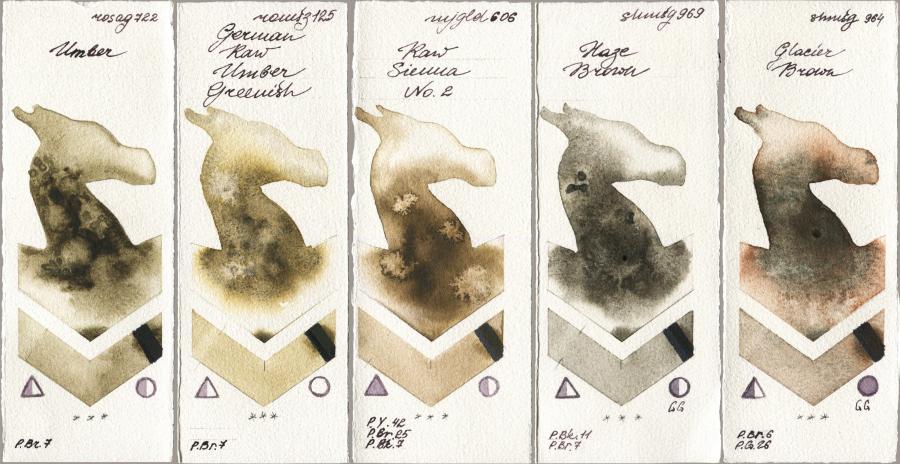 Rosa Gallery 722 Umber vs Roman Szmal Aquarius 125 German Raw Umber Greenish vs Mijello Mission Gold 606 Raw Sienna No 2 vs Shminke Horadam Aquarell 969 Haze Brown vs 964 Glacier Brown watercolor swatch