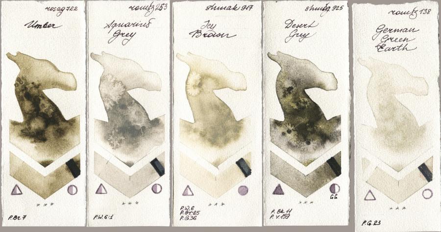 Rosa Gallery 722 Umber vs Roman Szmal Aquarius 253 Aquarius Grey vs Shminke Akademie Aquarell 917 Icy Brown vs Shminke Horadam Aquarell 925 Desert Grey vs 138 German Green Earth watercolor swatch