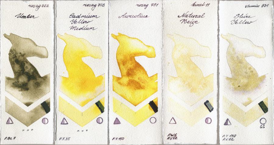 Rosa Gallery 722 Umber vs 703 Cadmium Yellow Medium vs 751 Aureoline vs Kuretake Gansai Tambi 11 Natural Beige vs Shminke Horadam Aquarell 931 Shire Yellow watercolor swatch