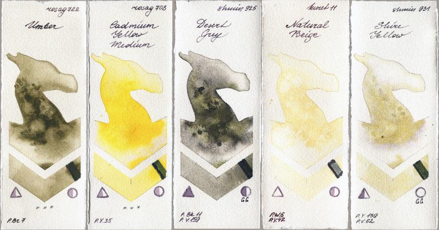 Rosa Gallery 722 Umber vs 703 Cadmium Yellow Medium vs Shminke Horadam Aquarell 925 Desert Grey vs Kuretake Gansai Tambi 11 Natural Beige vs 931 Shire Yellow watercolor swatch