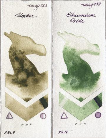 Rosa Gallery 722 Umber vs 743 Chromium Oxide watercolor swatch
