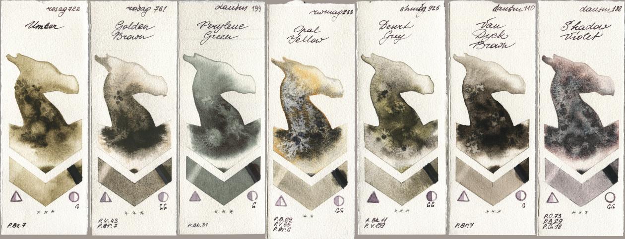 Rosa Gallery 722 Umber, 761 Golden Brown, Daniel Smith 194 Perylene Green, Rockwell 233 Opal Yellow, Shminke Horadam Aquarell 925 Desert Grey, 110 Van Dyck Brown, 188 Shadow Viol watercolor swatch