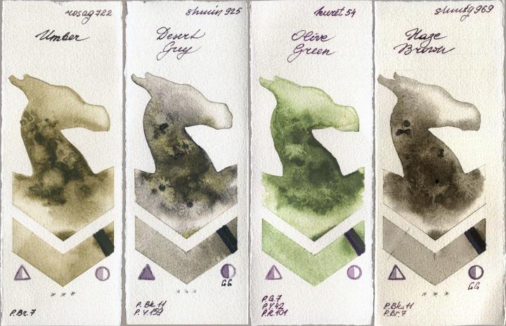 Rosa Gallery 722 Umber vs Shminke Horadam Aquarell 925 Desert Grey vs Kuretake Gansai Tambi 54 Olive Green vs 969 Haze Brown watercolor swatch