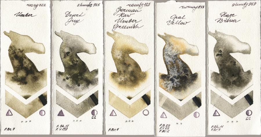 Rosa Gallery 722 Umber vs Shminke Horadam Aquarell 925 Desert Grey vs Roman Szmal Aquarius 125 German Raw Umber Greenish vs Rockwell 233 Opal Yellow vs 969 Haze Brown watercolor swatch