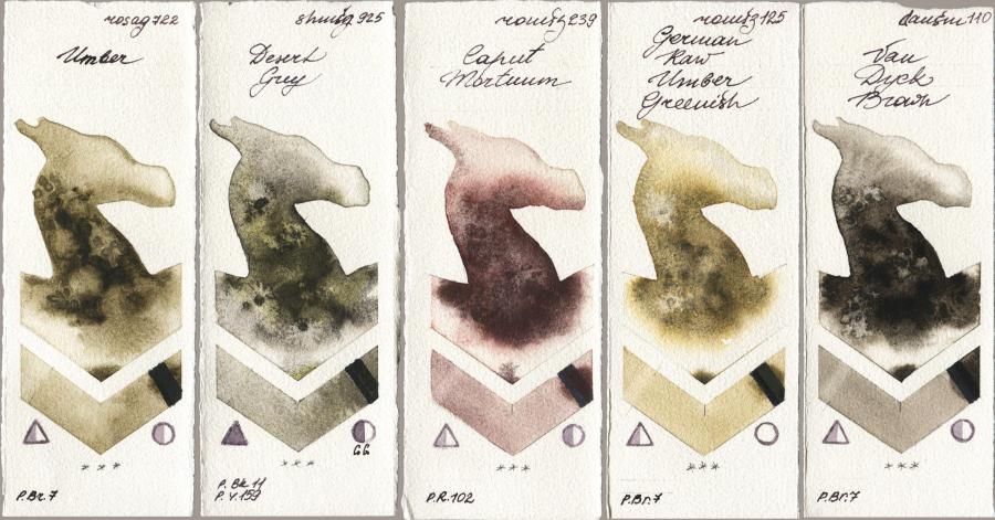 Rosa Gallery 722 Umber vs Shminke Horadam Aquarell 925 Desert Grey vs Roman Szmal Aquarius 239 Caput Mortuum vs 125 German Raw Umber Greenish vs Daniel Smith 110 Van Dyck Brown watercolor swatch