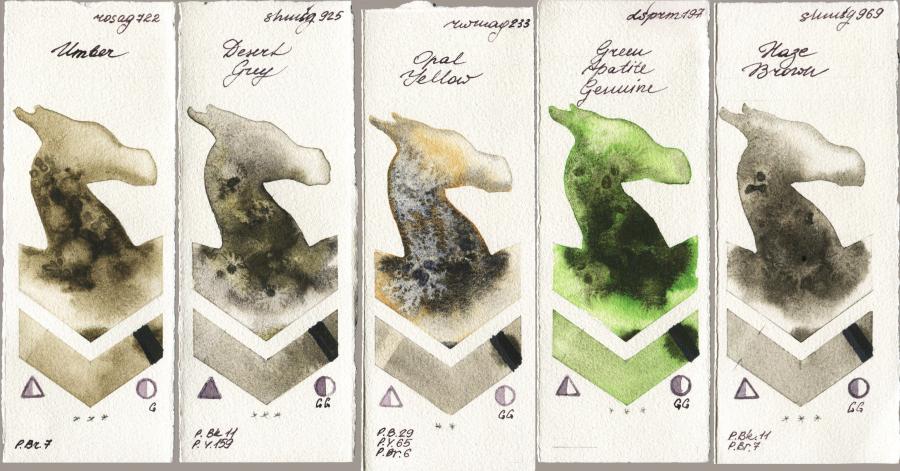 Rosa Gallery 722 Umber, Shminke Horadam Aquarell 925 Desert Grey, Rockwell 233 Opal Yellow, Daniel Smith 197 Green Apatite Genuine, 969 Haze Bro watercolor swatch
