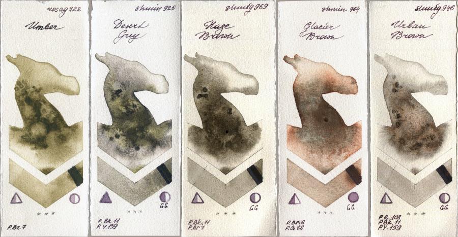 Rosa Gallery 722 Umber vs Shminke Horadam Aquarell 925 Desert Grey vs 969 Haze Brown vs 964 Glacier Brown vs 946 Urban Brown watercolor swatch