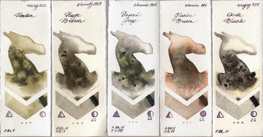 Rosa Gallery 722 Umber vs Shminke Horadam Aquarell 969 Haze Brown vs 925 Desert Grey vs 964 Glacier Brown vs Royal Talens Van Gogh Watercolour 735 Oxide Black watercolor swatch