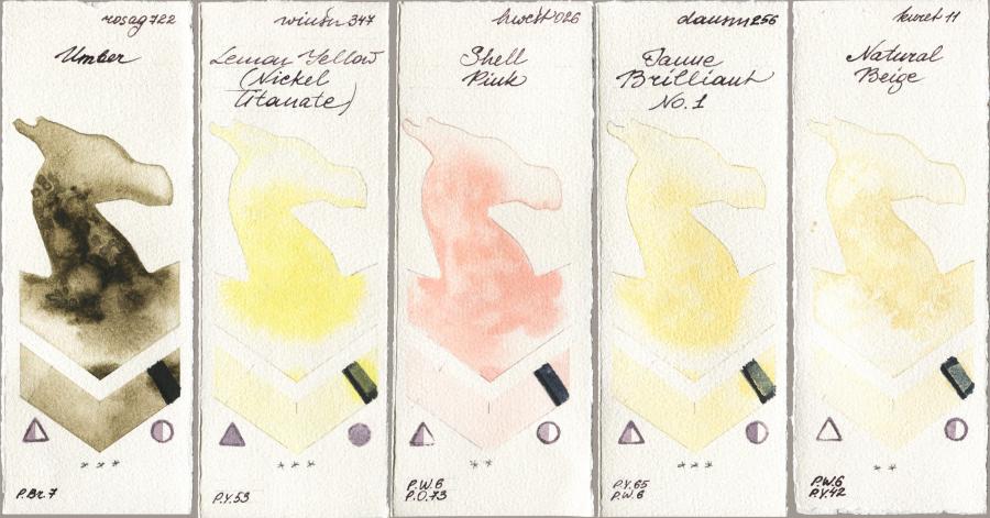 Rosa Gallery 722 Umber vs Winsor & Newton Professional 347 Lemon Yellow (Nickel Titanate) vs Holbein Artists Watercolor 026 Shell Pink vs Daniel Smith 256 Jaune Brilliant No 1 vs Kuretake Gansai Tambi 011 Natural Beige watercolor swatch